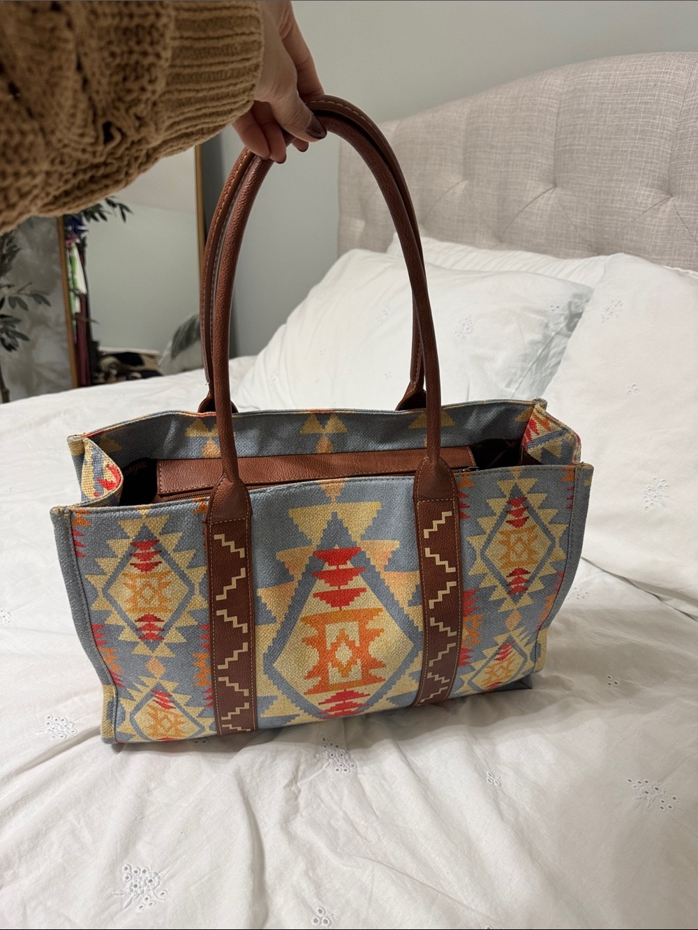 Wrangler Southwestern Pattern Tote in Blue, Brown, Yellow and Red - Picture 2 of 7